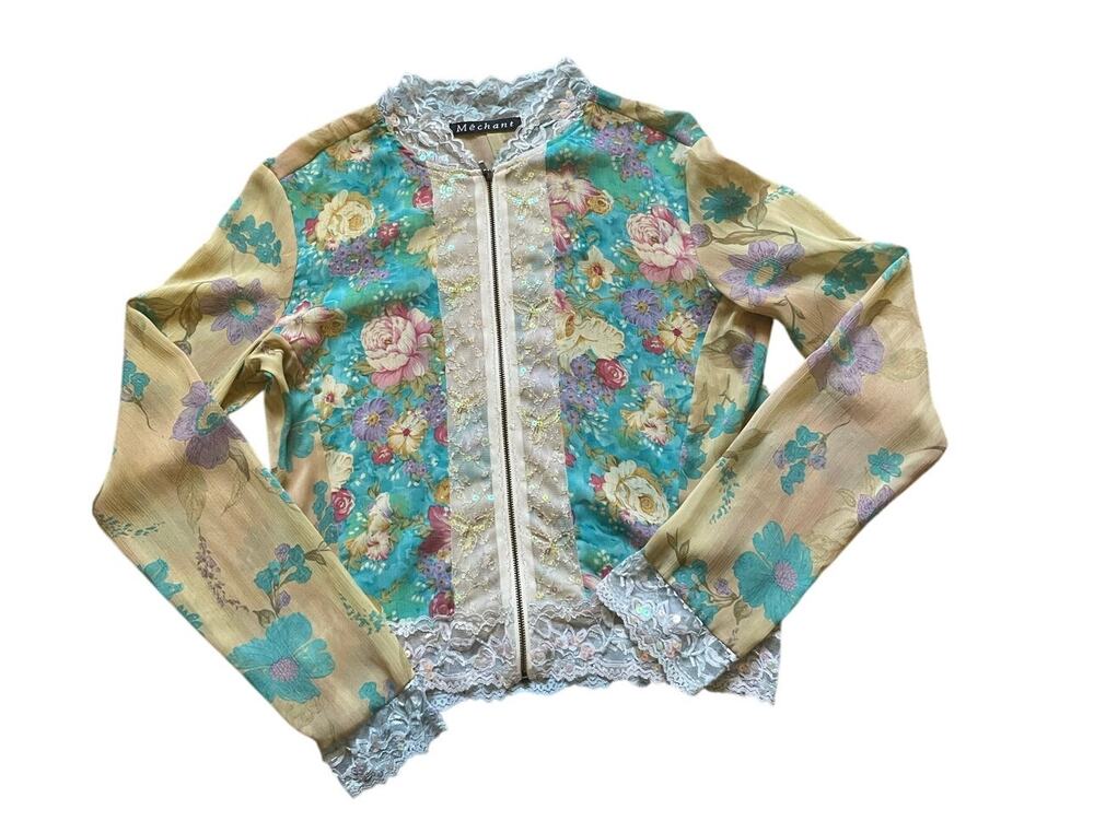 Sheer Lace Floral Full Zip Jacket Size Small Fairy Whimsical Romantic Cottage